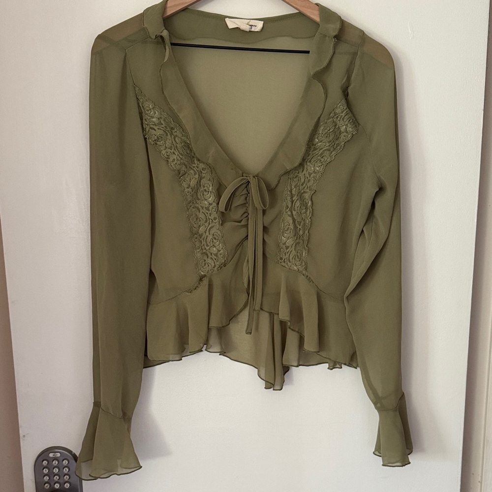 Tie-Front Lace Trim Ruffle Blouse in Olive Green - Women